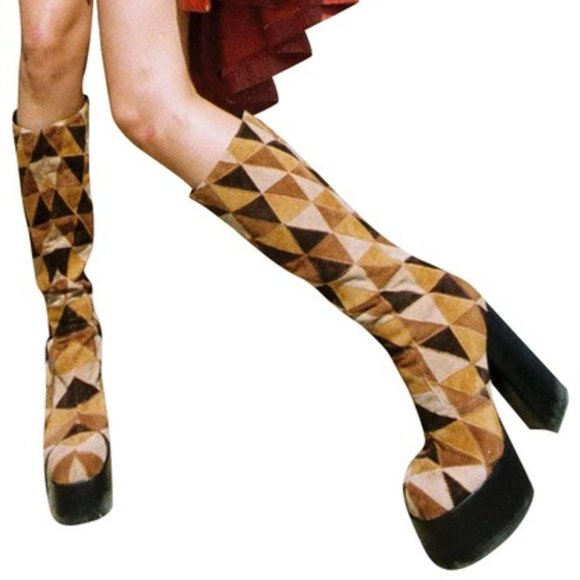 Jeffrey Campbell Shoes - Jeffrey Campbell Hey-Joe Tan Multi Patchwork Platform Tall Suede Boots